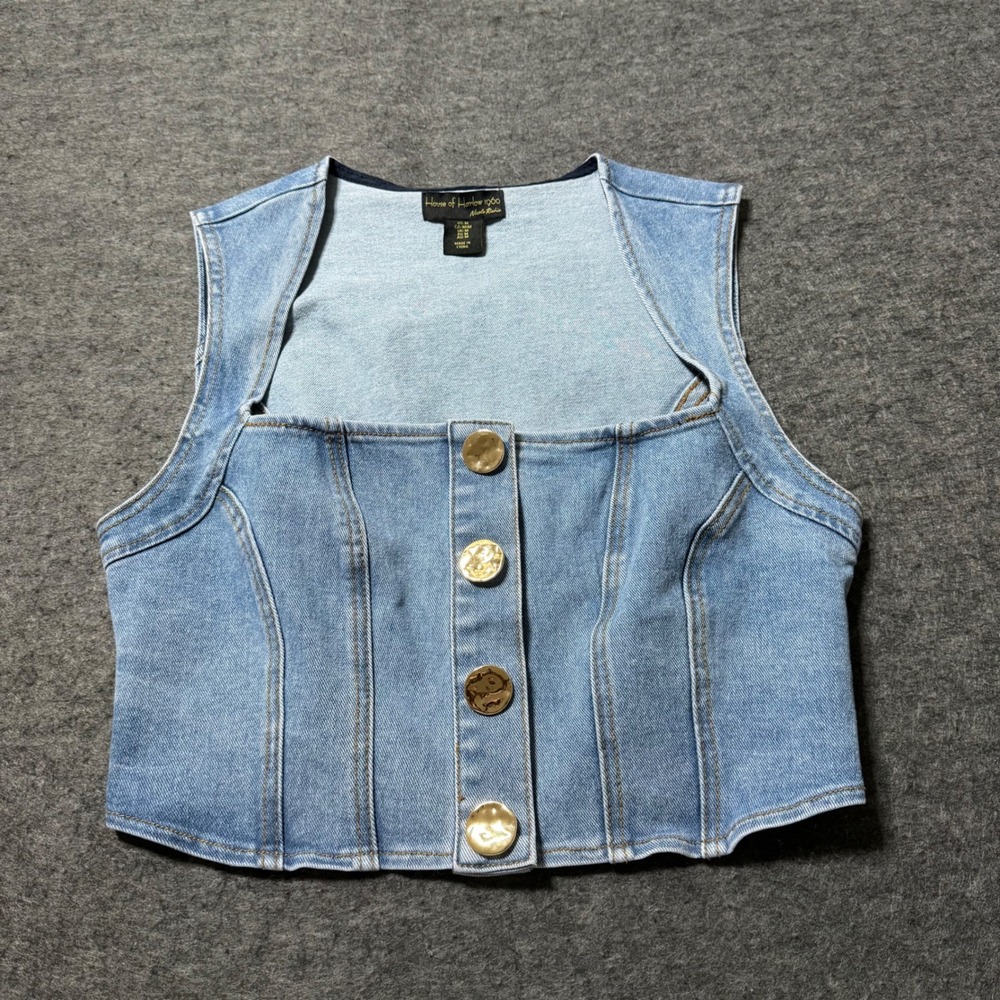 House of Harlow 1960 Nicole Richie Denim Vest Light Wash Gold Button Crop Top M